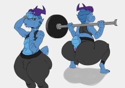 anthro anus ass balls big_butt blue_body bodily_fluids bottomwear claws clothing genitals hi_res horn kobold lugen lugen_kobold male pants rear_view scalie short_stack short_tail solo sweat sweatdrop tail thick_thighs yoga_pants yoga_top