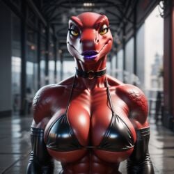 abs ai_generated anthro choker elbow_gloves eyeshadow feminine latex latex_bikini_top lizard muscular purple_lipstick reptile_humanoid shoulders upper_body