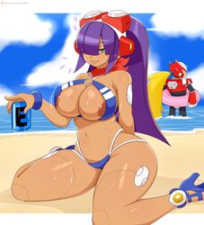 1girls :3 areolae areolae_slip background_character bikini bra breasts capcom clothed dark-skinned_female female female_focus green_eyes hair_over_one_eye huge_breasts jinu large_breasts layer looking_at_viewer male mega_man mega_man_x panties purple_hair reploid robot robot_girl robot_joints solo_focus sweat swimsuit_layer_(x_dive) tagme thick_thighs wariza wide_hips zero_(mega_man)