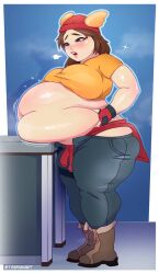 aroused aroused_face big_belly breasts clothed fortnite panting skye_(fortnite) tight_clothing tsuyukiart weight_gain wide_hips