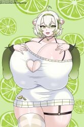 ahoge cleavage crimsondream ferret_girl green_eyes green_highlights hyper_breasts laimu looking_at_viewer necklace pushing_breasts_together sweater white_hair