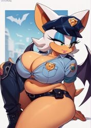 ai_generated bat_wings huge_breasts police_hat police_uniform rouge_the_bat sexy_dress sonic_the_hedgehog_(series) thick_thighs uniform