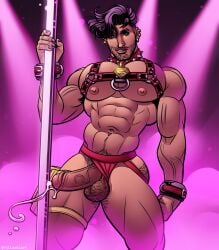 1boy bara barazoku black_hair blue_eyes body_hair butt_hair cock collar cum cumshot earrings erection facial_hair gay gogo_dancer grabbing_pole hair harness jockstrap looking_at_viewer male male_only muscular nipples pink_light pink_lighting pink_lights pink_smoke pole_dancer pullaskiart retracted_foreskin smoke solo spiked_collar strip_club