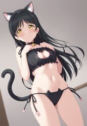 1girls ai_generated animal_ear_fluff animal_ears ass_visible_through_thighs bangs bare_arms bell black_bra black_collar black_hair black_panties blush bra breasts cat_cutout cat_ear_panties cat_ears cat_girl cat_lingerie cat_tail cleavage cleavage_cutout closed_mouth clothing_cutout collar cowboy_shot embarrassed female female female_only frilled_bra frills hair_down hassaku_xl hazuki_ren indoors jingle_bell kemonomimi_mode long_hair love_live! love_live!_superstar!! medium_breasts meme_attire milua navel neck_bell panties self_upload side-tie_panties solo solo_female standing tail underwear yellow_eyes