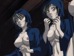 00s 2002 3girls animated basement bible_black bible_black_gaiden breasts brown_hair cloak green_eyes green_hair kozono_nami large_breasts lipstick lowres makeup multiple_girls nipples rie_morita ritual robe shido_saki short_hair summoning tagme yellow_eyes