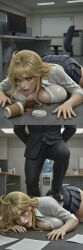 abuse ahoge ai_generated belt black_shoes blonde_hair blurred_background blush boss_and_employee boss_and_subordinate breasts breasts_pressed_against_floor business_suit busty button_down_shirt buttons ceiling coffee coffee_cup computer computer_monitor computer_mouse desk embarrassed eyes_rolling_back fallen_down female fluorescent_light green_eyes hands_behind_back hands_on_floor humiliation keyboard large_breasts licking_floor male multiple_images office office_chair office_lady on_floor original_character paper pencil_skirt pleated_skirt power_imbalance printer salivating slipped spilled_drink steam stepping_on_back tongue_out unseen_male_face water_cooler white_shirt whiteboard window workplace