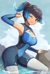 1girls absurd_res alternate_costume armpits arms_up ass bare_shoulders blue_hair blue_swimsuit bodysuit breasts bubble_butt cleavage clothing core_crystal curvaceous curvy detached_sleeves female female_only fiery_hair gonzarez hair highres hourglass_figure large_ass looking_at_viewer medium_breasts midriff monolith_soft navel nintendo official_alternate_costume one-piece_swimsuit outdoors ponytail posing sena_(xenoblade) short_hair side_ponytail smile solo standing swimsuit thick_ass thick_thighs thighhighs thighs voluptuous water wet white_thighhighs wide_hips wink winking_at_viewer xenoblade_(series) xenoblade_chronicles_3