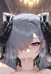 1boy 1girls absurd_res ai_generated august_von_parseval_(azur_lane) azur_lane clothed_female_nude_male deepthroat liu_(artist) looking_at_viewer pov straight sucking sucking_penis sunken_cheeks sweat tears trembling twitching