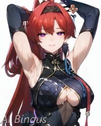 1girls ai_bingus ai_generated armpit_fetish armpits artist_name boob_window bukkake cleavage cum cum_on_breasts earrings flower_in_hair fully_clothed gloves purple_eyes red_hair solo sweating wuthering_waves yinlin_(wuthering_waves)