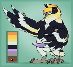 2017 4_toes anthro avian balls beak bedroom_eyes belly belly_tuft biped bird black_feathers blush border brown_eyes chest_tuft claws color_swatch crest digitigrade erection feather_tuft feathered_wings feathers front_view full-length_portrait green_background green_border grey_beak grey_claws grey_skin half-closed_eyes head_tuft hornbill male model_sheet moobs multicolored_beak multicolored_feathers multicolored_tail nude open_mouth orange_sclera overweight overweight_male penis portrait pose purple_penis purple_tongue royalty_(artist) seductive simple_background smile solo standing stripes tail_feathers talons tapering_penis toes tuft two_tone_tail white_balls white_feathers winged_arms wings yellow_beak yellow_feathers