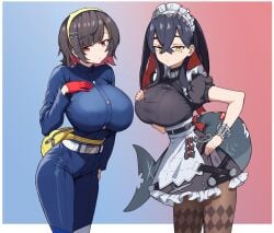 breasts carmine_(pokemon) cosplay crossover dark_hair ellen_joe game_freak gradient_background hand_on_breast large_breasts maid maid_uniform nintendo outfit_swap piutahayo pokemon pokemon_sv red_eyes shark_girl shark_tail uniform white_border yellow_eyes zenless_zone_zero