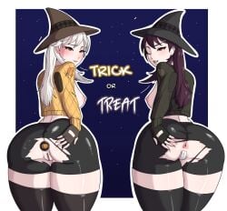 2girls anus anus ass big_ass bike_shorts blush breasts breasts_out buttplug covered_pussy fortnite fortnite:_battle_royale halloween lexa_(fortnite) lexa_hexbringer_(fortnite) looking_at_viewer looking_back nipples presenting presenting_anus presenting_hindquarters presenting_pussy pussy ripped_clothing soinub spread_anus thick_thighs thighhighs thighs torn_clothes trick_or_treat wet wink