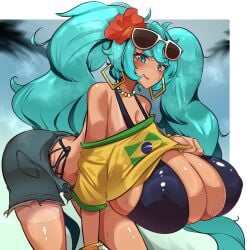 1girls ass big_ass big_breasts big_thighs bikini brazil brazilian brazilian_female brazilian_miku breasts butt cyan_eyes cyan_hair female female_only gigantic_breasts hatsune_miku huge_ass huge_breasts huge_thighs latin_american_hatsune_miku_(meme) long_hair looking_at_viewer shirt shorts skeletons62 solo sweat sweatdrop sweating tagme tan tan_body thick_hips thick_thighs thighs twintails vocaloid yellow_shirt