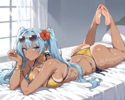 1girls ai_bingus ai_generated artist_name ass big_ass big_breasts big_thighs bikini brazil brazilian brazilian_female brazilian_miku breasts butt cyan_eyes cyan_hair dark-skinned_female facing_viewer feet female female_only flower_in_hair foot_fetish hatsune_miku latin_american_hatsune_miku_(meme) laying_on_bed long_hair looking_at_viewer soles solo squished_breasts sunglasses_on_head tagme tan tan_body tanline thick_hips thick_thighs thighs twintails vocaloid