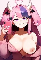 (turboshiggy) ai_generated big_breasts condom demon_girl demon_horns hair_ornament holding_condom ironmouse light-skinned_female long_hair looking_at_viewer multicolored_hair one_breast_out one_breast_out_of_clothes onesie open_shirt pajamas pajamas_pull pink_hair pink_nipples purple_eyes purple_hair seductive_look seductive_smile self_upload solo solo_female solo_focus twintails two_tone_hair virtual_youtuber vshojo vtuber zipper_down