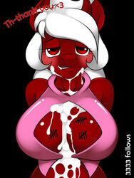 2013 absurd_res anthro better_version_at_source big_breasts black_background blush body_writing breasts chilly_pepper cleavage cleavage_cutout clothed clothing cum cum_on_breasts cum_on_chin cum_on_face dialogue digital_media_(artwork) dragon dripping english_text equine fan_character fangs female front_view grin hair half-closed_eyes half-length_portrait hands_behind_back heart hi_res horn horse hybrid kloudmutt looking_at_viewer looking_pleasured mammal messy my_little_pony pink_topwear pony portrait red_eyes red_skin scalie sharp_teeth shirt simple_background smile solo tally_marks teeth text white_hair