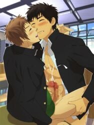 2boys blush bottomless cum desk frottage handjob male multiple_boys orgasm penis_grab resfrio school_uniform sitting student unbuttoned wince yaoi