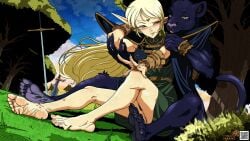 1boy 1girls barefoot barefoot_on_grass blonde_hair blush calf_muscles clawed_toes cuddling deedlit elf feet foot_fetish foot_focus forest_background furry green_eyes light-skinned_female light_skin long_ears long_hair moekaki oc pantherine_humanoid record_of_lodoss_war skirt smile smiling snuggle soles sword tail toes tongue_out yellow_eyes