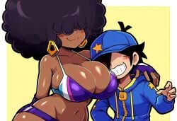 1boy afro ai_generated big_hair bikini brinne dark-skinned_female dark_skin female grin heart height_difference huge_breasts mullon novelai original_character smile top-heavy