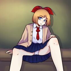 1girls ai_generated ass barren_(ai_prompter) blonde_hair blue_eyes blue_skirt bow_in_hair cardigan classroom desk expressionless fully_clothed looking_at_viewer mv_character on_desk panties pyrite_girl pyrite_girl_(song) red_bow red_tie riproducer sailor_uniform school_uniform schoolgirl sitting sitting_on_desk skirt solo spread_legs stable_diffusion thighs upskirt white_panties white_shirt