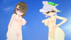 2girls 3d brown_hair female glasses human human_female jangoflamethrower koikatsu light-skinned_female light_skin looking_at_viewer looking_down marie_(splatoon) nintendo nude original original_character silvia_(jangoflamethrower) splatoon squid_sisters