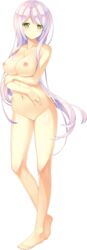 ashishun barefoot breasts female full_body grabbing_own_arm green_eyes highres kuryuu_mashiro large_breasts long_hair looking_at_viewer navel nipples nude official_art pink_hair primal_hearts_2 smile solo transparent_background