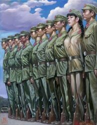 1girls 9boys armed bayonet black_hair china chinese dark_hair female female_focus hu_ming male military military_hat military_uniform multiple_boys no_sex painting_(artwork) red_star sky standing visible_nipples weapon