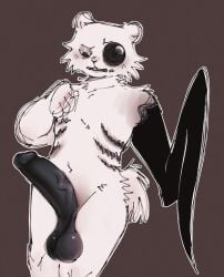 1boy anthro balls bear bear_(game) digital_media_(artwork) embarrassed erection fluffy fluffy_tail fur genitals ito_(bear) lefishaue male mammal nude penis roblox roblox_game scar simple_background solo tail vein veiny_penis white_body white_fur