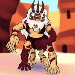 4_arms 4_legs anthro c2d2 color dessert digital_media_(artwork) fangs female fusion gem gem_(species) hooves horns markings mesa_(landscape) multi_arm multi_limb muscular_female outdoors shaded sky steven_universe taur two_tone_body unusual_anatomy white_hair yellow_eyes zebra_jasper_(steven_universe)