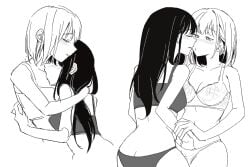 2girls arm_around_neck bare_arms blush bra breasts cleavage closed_eyes ear_blush fingering greyscale hand_in_another's_hair hand_under_clothes highres holding_another's_wrist imminent_kiss inoue_takina jenjen kissing_chest long_hair looking_at_another lycoris_recoil medium_hair monochrome multiple_girls nishikigi_chisato parted_lips small_breasts underwear underwear_only yuri