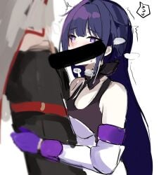 1boy adam_(honkai_impact) bar_censor bare_shoulders black_pants blurry blurry_foreground censored coat erection female gloves grey_coat heart heart-shaped_pupils highres honkai_(series) honkai_impact_3rd imminent_fellatio jacket long_sleeves looking_at_penis mini2chainz pants penis purple_eyes purple_gloves purple_hair raiden_mei raiden_mei_(apho) simple_background solo_focus straight symbol-shaped_pupils white_background white_jacket