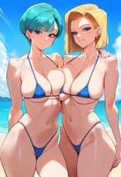 2d 2girls ai_generated android_18 beach big_breasts bikini blonde_hair blue_bikini blue_eyes blue_hair breasts bulma bulma_briefs day dragon_ball dragon_ball_(series) dragon_ball_super dragon_ball_z female female_only hellblueboy4 highleg highleg_bikini large_breasts micro_bikini milf multiple_girls outdoors short_hair