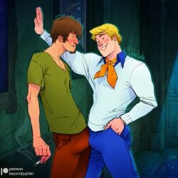 bulge bulge_frottage cigarette fred_jones fully_clothed gay jupiterbeyond no_visible_genitalia scooby-doo shaggy_rogers yaoi