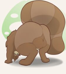 2022 absurd_res all_fours anthro ass ass_up backsack balls big_balls big_butt big_tail biped brown_body brown_fur brown_tail canid canine colored digital_media_(artwork) digitigrade fur genitals green_eyes grey_nose head_tuft hi_res huge_balls huge_butt huge_tail looking_at_viewer looking_back looking_back_at_viewer male male_anthro mammal markings multicolored_body multicolored_fur nude presenting presenting_balls presenting_hindquarters puertero pupils raccoon_dog rear_view ring_(marking) ringed_tail shaded signature simple_background simple_shading solo striped_markings striped_tail stripes tail tail_markings tan_body tan_fur tanner_tyrfred tanuki three-quarter_view tuft