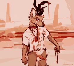 2024 anthro antlers balls biped blood blood_on_self blood_on_shirt bodily_fluids bottomless bottomless_anthro bottomless_male brown_body brown_fur clothed clothing collar deer digital_media_(artwork) erection foreskin fur genital_fluids genitals hi_res horn humanoid_genitalia humanoid_penis jewelry lawyerdog male male_anthro mammal multicolored_body multicolored_fur necklace panko_(lawyerdog) penis precum shedding_velvet solo tan_body tan_fur white_balls white_body white_fur