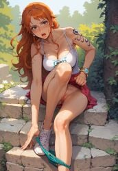 1girls ai_generated artist_request big_breasts blush bracelets breasts cleavage earrings exhibitionism female female_only flashing flashing_pussy jewelry looking_at_viewer mostly_clothed nami nami_(one_piece) one_piece orange_eyes orange_hair panties post-timeskip pussy pussy_flash removing_panties shoulder_tattoo skirt_lift solo_female taking_off_panties tank_top upskirt