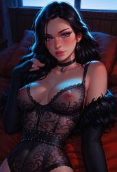 1girls ai_generated bed black_hair breasts collar deviantart female light-skinned_female lingerie looking_at_viewer lowfirestudios nipples nipples_visible_through_clothing petite purple_eyes seductive_look slim solo the_witcher_(series) the_witcher_3:_wild_hunt yennefer