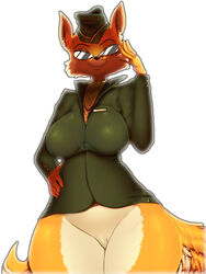 anthro bottomless canine clothed clothing edit eyewear female fox glasses hat looking_at_viewer lt._fox_vixen mammal military_uniform pussy sek_studios simple_background smile solo squirrel_and_hedgehog standing uniform vhsdaii wide_hips