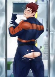 1boy antibooart ass bara body_hair endeavor_(my_hero_academia) enji_todoroki exposed_ass gay hairy_ass male male_focus male_only muscle muscular_male my_hero_academia red_hair ripped_bodysuit ripped_clothing ripped_pants skin_tight solo tight_clothing torn_clothes torn_pants yaoi