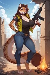 ai_generated among_us apocalypse assault_rifle big_breasts brown_body brown_eyes brown_fur brown_hair elizabeth_mendoza felid feline female furry furry_female heart_symbol jeans leopard long_hair seductive snow_leopard tail