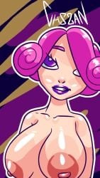 1girls 2d 2d_(artwork) big_breasts big_nipples chszan_chan clash_(series) clash_royale evo_musketeer_(clash_royale) evolution_musketeer_(clash_royale) looking_at_viewer musketeer_(clash_royale) purple_lipstick smile