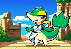 ai_generated anthro breasts clothed clothing collar cute_fangs detailed_background dress female generation_5_pokemon green_body hellsonger hi_res nintendo outside plant pokemon pokemon_(species) pokemorph red_eyes reptile scalie smile snivy solo