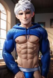 abs ai_generated biceps blue_eyes blue_hoodie blush dreamworks gay hoodie jack_frost_(rise_of_the_guardians) jockstrap jockstrap_only looking_at_viewer male male_only muscular muscular_male nipples paramount_pictures pecs rise_of_the_guardians smile toned_body toned_male twall97 white_hair