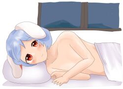 bed bed_sheet blue_hair blush blush night night_sky nude nude_female rabbit_ears red_eyes reisen small_breasts touhou