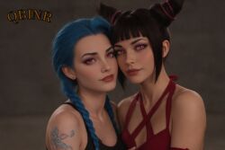 2girls ai_generated arm_tattoo bangs bare_shoulders black_hair blue_hair blunt_bangs braid breasts collarbone crossover drill_hair ear_piercing earrings eyeshadow freckles halter_top halterneck jewelry jinx_(league_of_legends) juri_han league_of_legends lips makeup multiple_girls nose piercing pink_eyes purple_eyes qbinr realistic self_upload side-by-side street_fighter tattoo twin_braids twin_drills upper_body