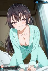 ai_generated bare_chest bed brown_eyes brown_hair female juanpi_amvs long_hair medium_breasts nipples pajamas patreon patreon_username smiling subscribestar subscribestar_username suou_yuki tokidoki_bosotto_russian_de_dereru_tonari_no_alya-san watermark