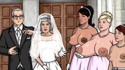 archer_(series) breasts cheryl_tunt dress edited edited_screencap female lana_kane large_breasts multiple_females multiple_girls nipples pam_poovey pussy space_goblin wedding_dress wedding_veil