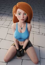 ai_generated big_breasts civitai fishnets green_eyes jpeg kim_possible kimberly_ann_possible kneeling kneeling_on_ground large_breasts long_hair looking_at_viewer necklace orange_hair shorts silver_necklace stockings tank_top tanktop