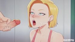 1girls after_deepthroat after_oral after_throatpie android android_18 animated blonde_hair blue_eyes bob_cut cum cum_in_mouth cum_on_face cumshot dragon_ball dragon_ball_super dragon_ball_z eyelashes facial female female_focus light-skinned_female medium_hair penis petite pixiewillow seductive_eyes seductive_look seductive_mouth slim sound stickyspoodge swallowing_cum tagme video