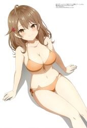 ahoge ass_visible_through_thighs bare_arms bare_belly bare_legs bare_shoulders bare_thighs belly_button big_breasts bikini blush breasts brown_eyes brown_hair cleavage closed_mouth collarbone hair_ornament long_hair maria_mikhailovna_kujou megami_magazine official_art orange_bikini russian side-tie_bikini_bottom sideboob sitting smile smiling thighs tokidoki_bosotto_russian_de_dereru_tonari_no_alya-san wide_hips